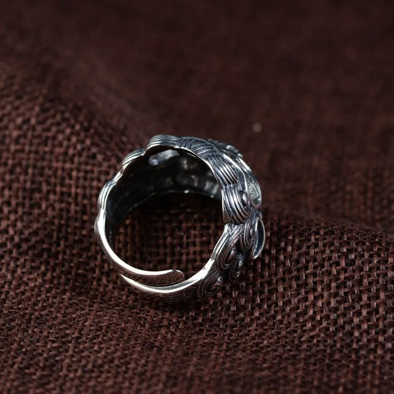 Silver open ring with Jibeast pattern and animal zodiac design in retro style