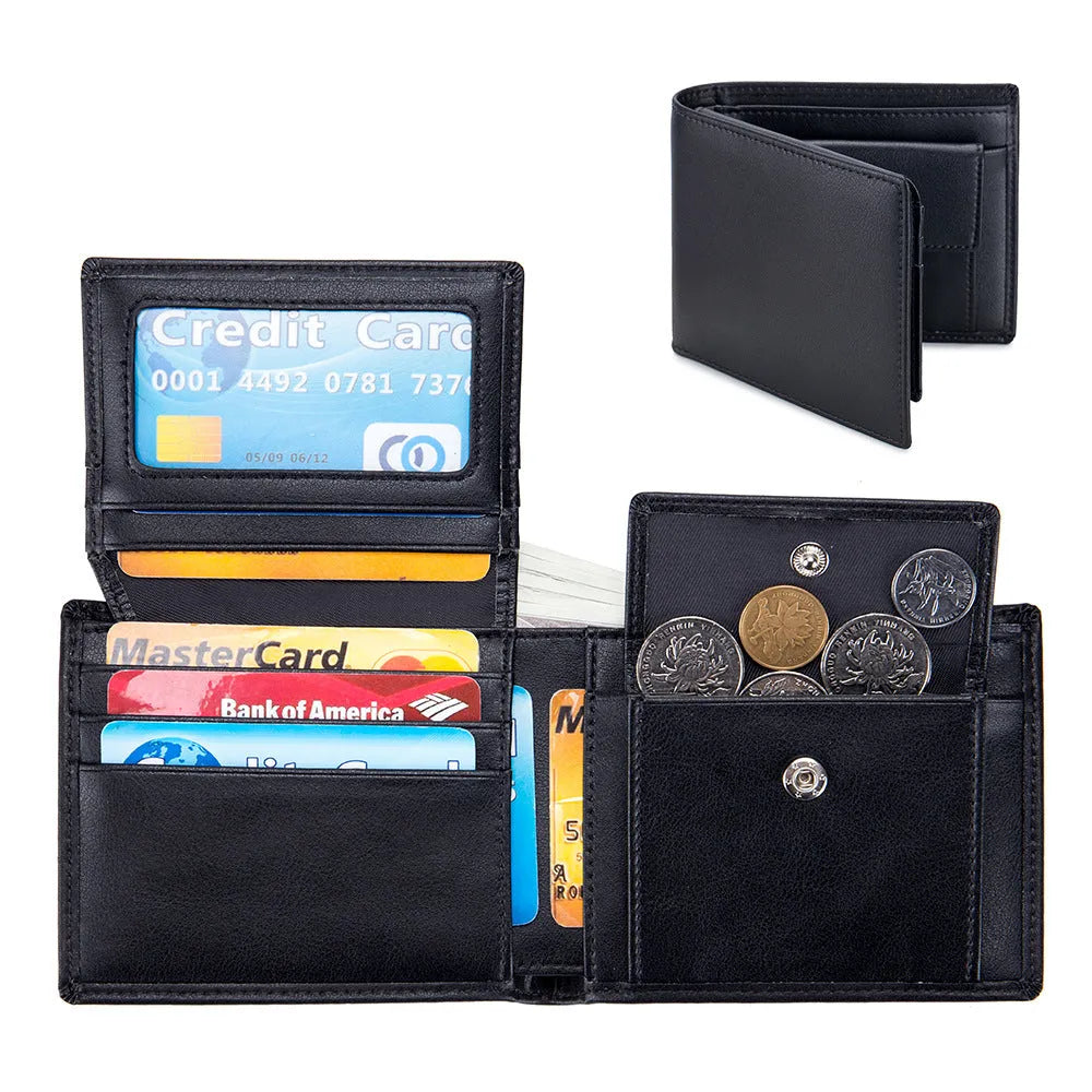 Soft cowhide trifold wallet for men in black with European and American retro print genuine leather