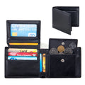 Soft cowhide trifold wallet for men in black with European and American retro print genuine leather