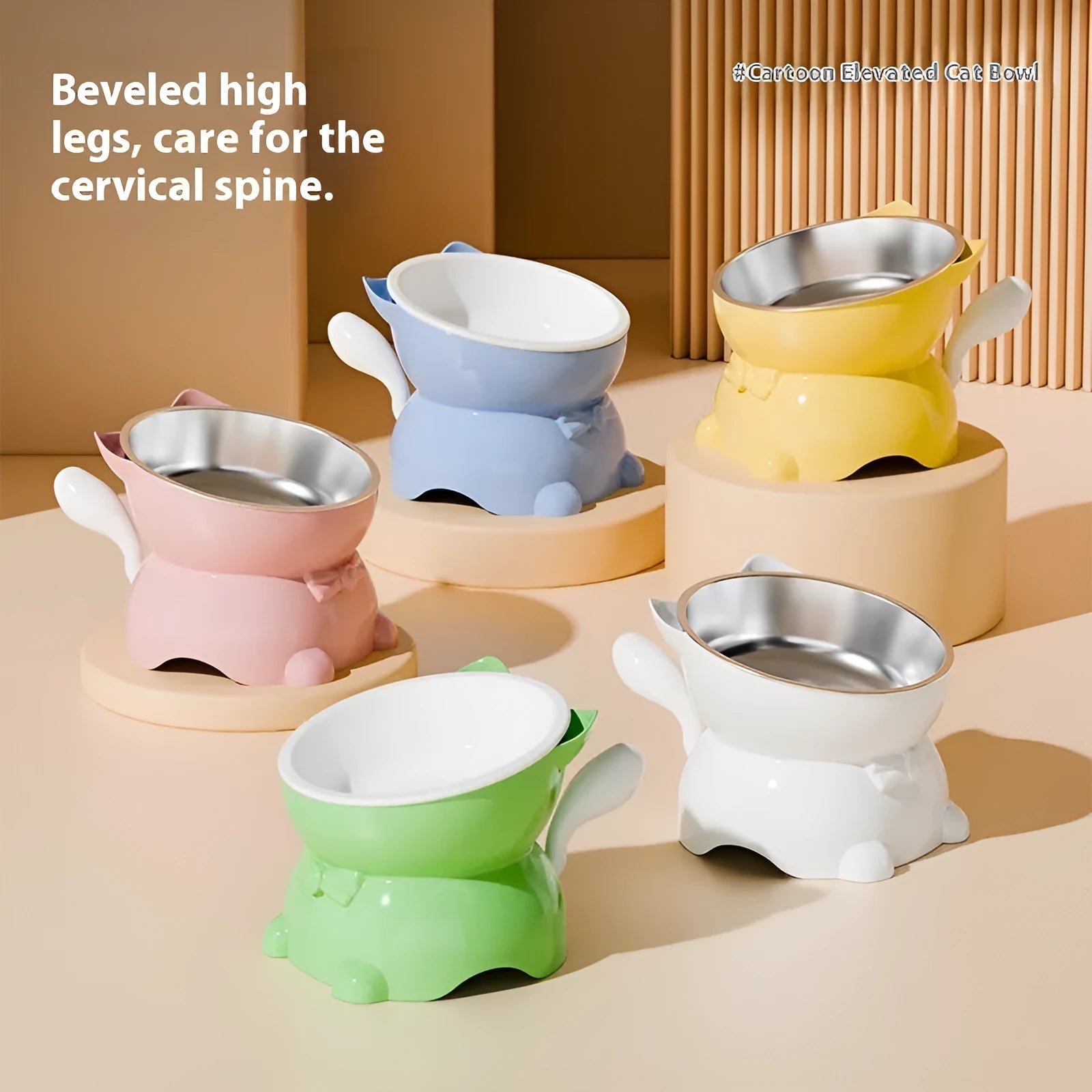 Stainless steel oblique cat bowl with non-slip base in blue colour