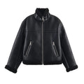 Women's double-sided fleece jacket in black with PU fabric, medium thickness, casual style, size S