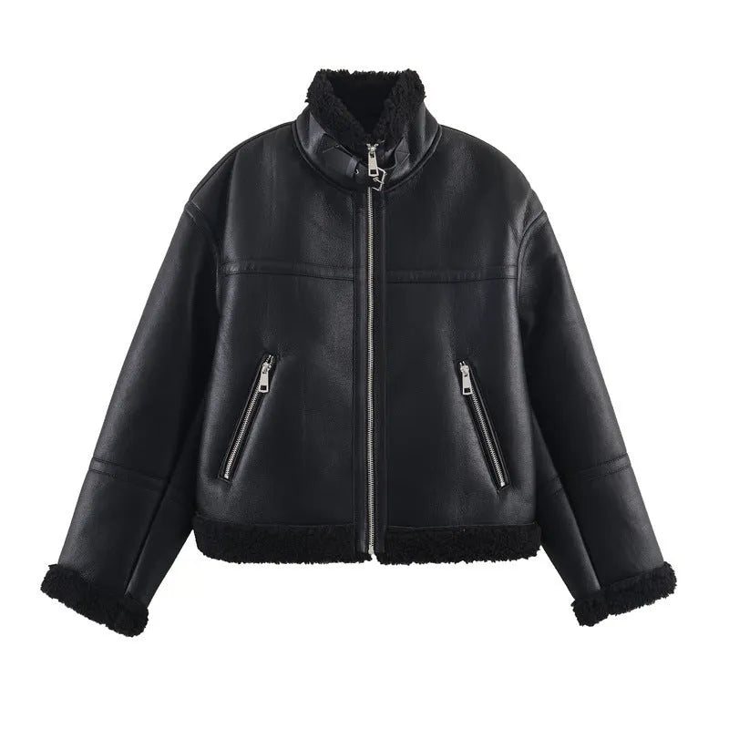 Women's double-sided fleece jacket in black with PU fabric, medium thickness, casual style, size S