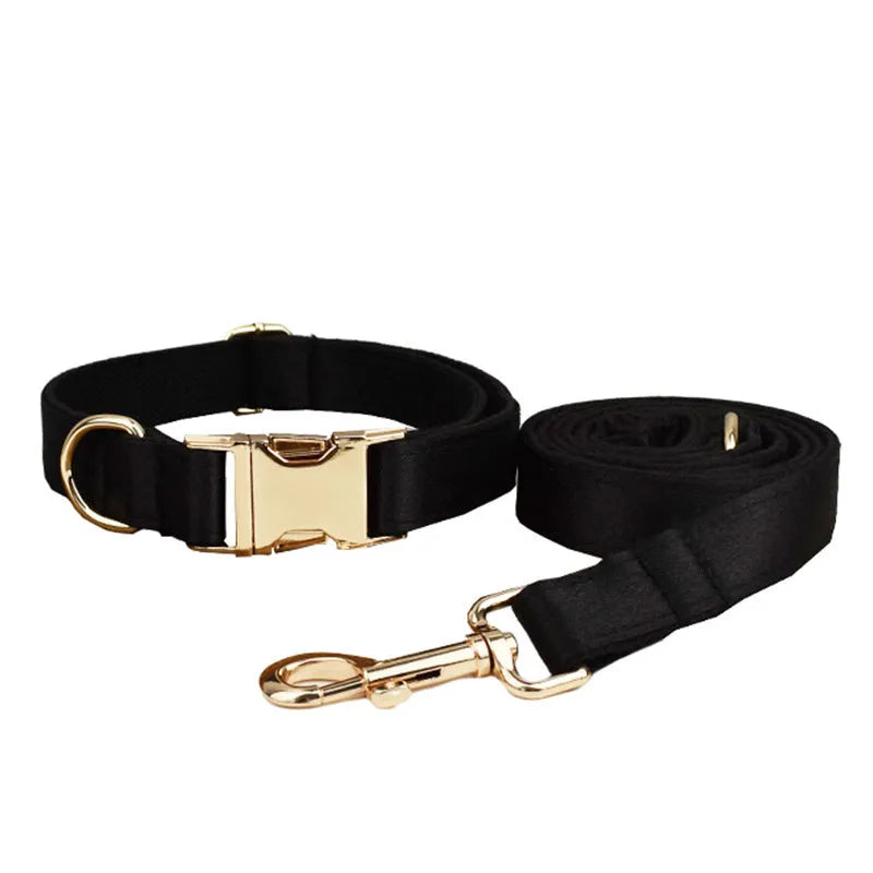 Dog wearing cloth collar, leash, chest harness, decorative bow, and matching vest accessory set