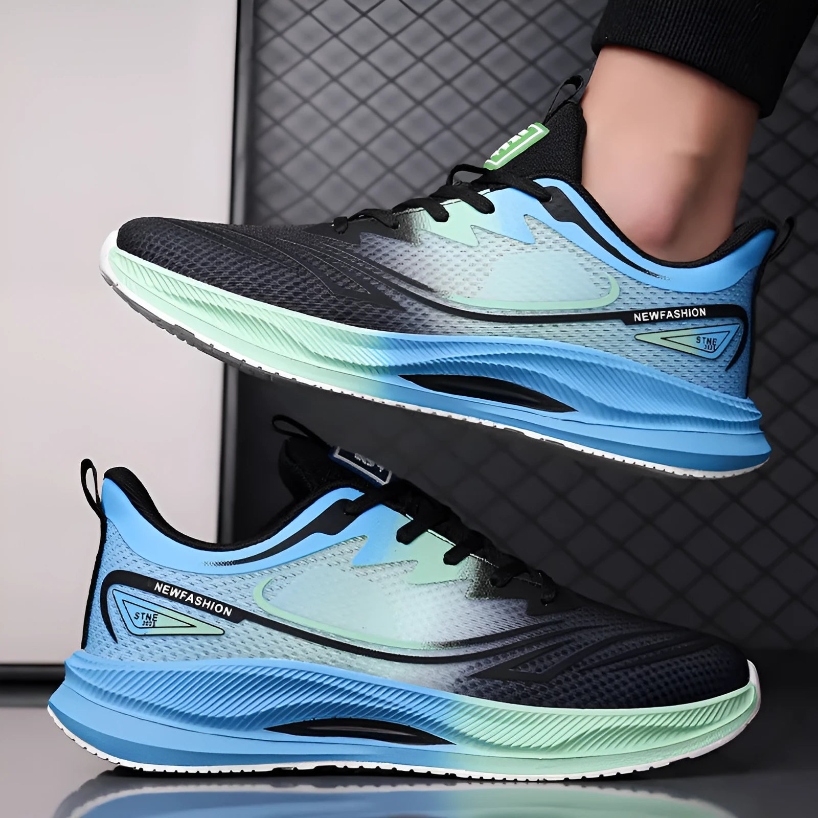 Men's summer casual shoes with fly woven mesh upper and rubber sole in black, black blue, and gray green colours