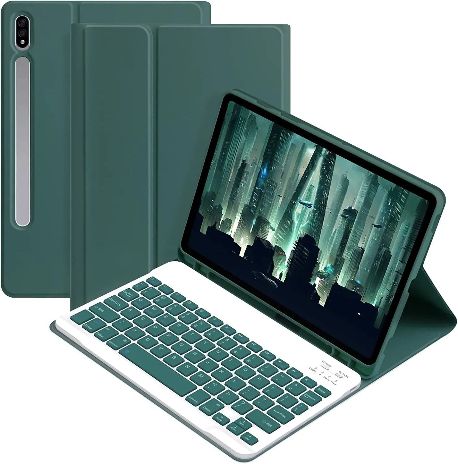 Samsung Galaxy Tab S tablet in a black leather-look case next to a wireless keyboard and charging mouse.