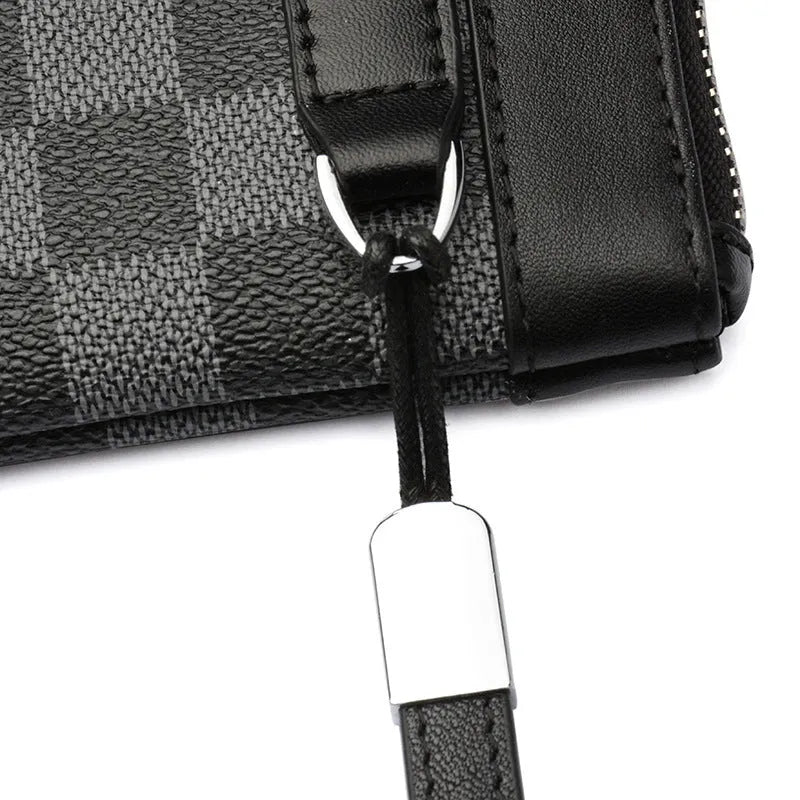 Men's black leather plaid clutch wallet showing 20x10cm dimensions and medium-hardness cowhide texture