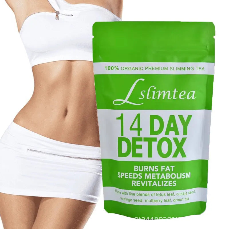 Box of 14-day herbal detox tea with 14 individual 3g sachets for weight management