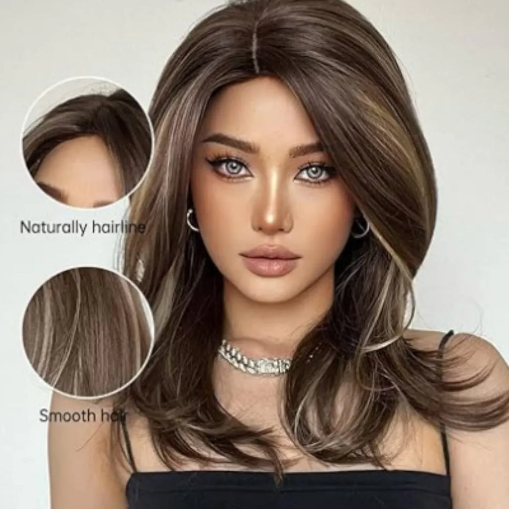 Mid-length platinum gradient synthetic wig with long curly hair and bangs in wine red, brown, or white gold colour.