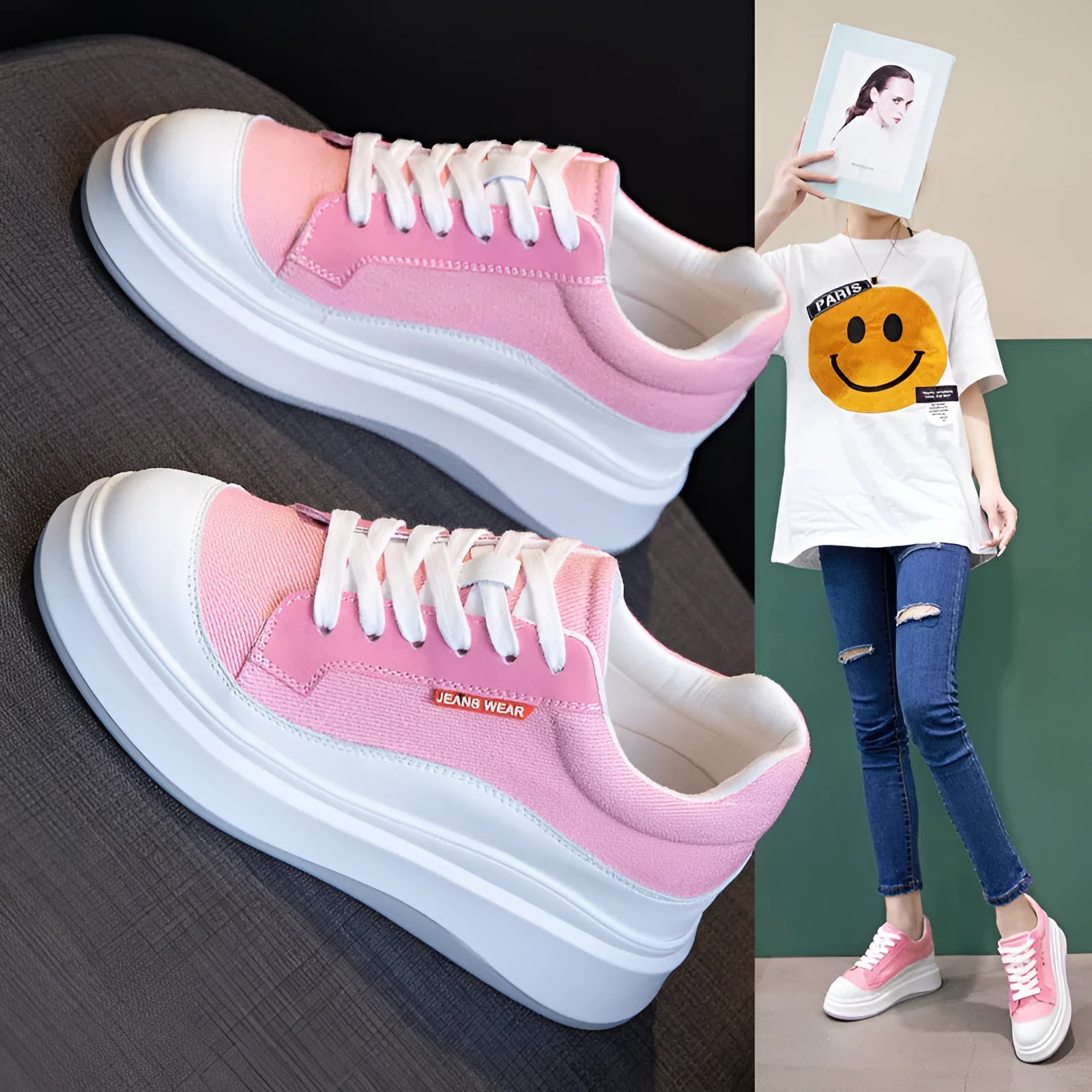 Beige and pink women's leather board shoes with thick soles shown from the side.