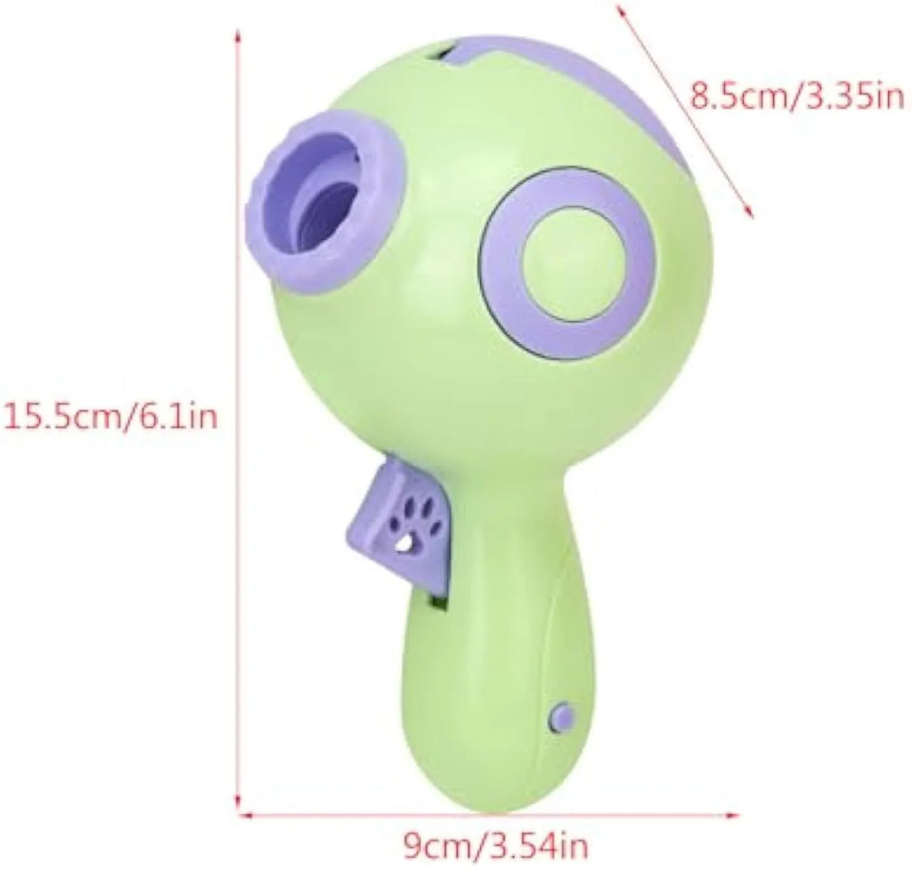 Green, orange, and pink dog treat launcher toy for remote feeding
