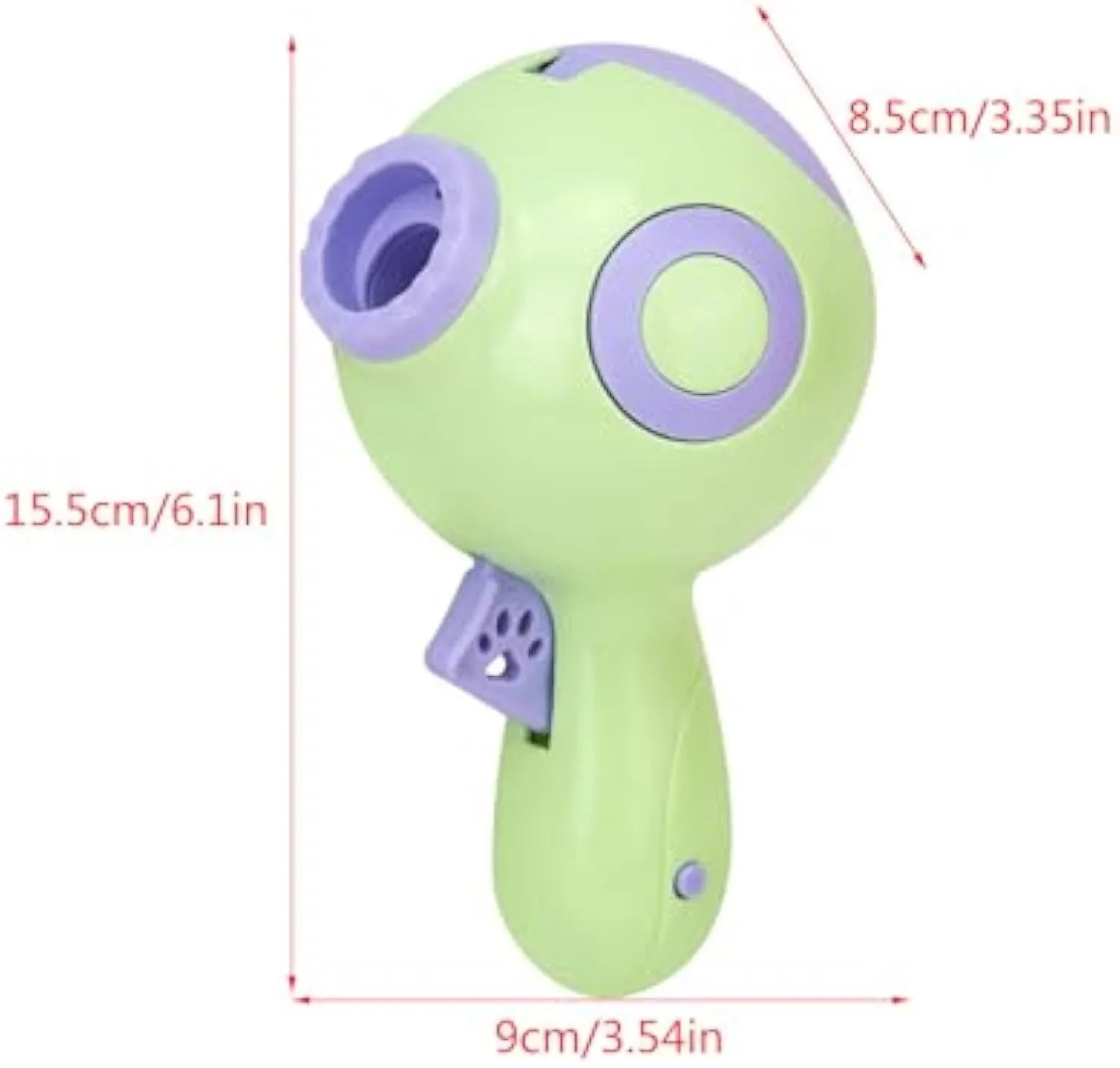 Green, orange, and pink dog treat launcher toy for remote feeding