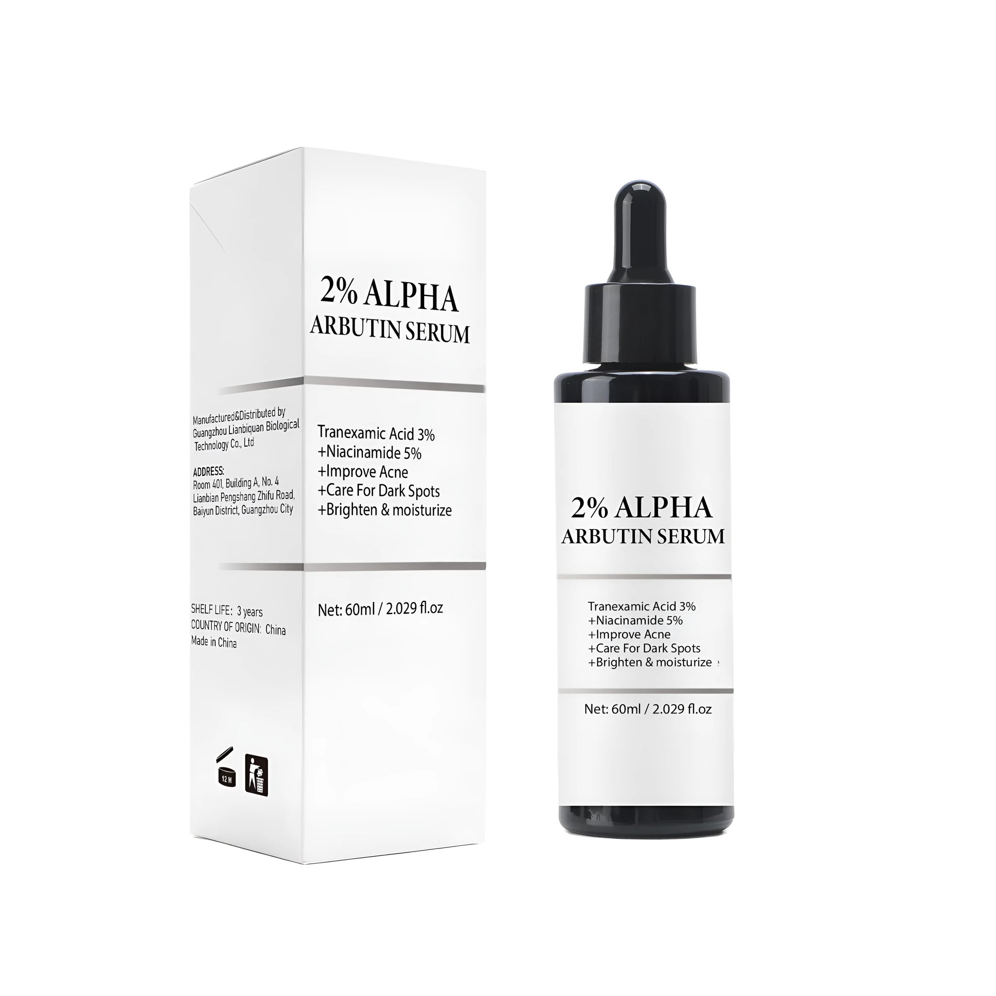 Alpha-Arbutin 60ml facial care solution serum bottle with moisturising and softening properties.