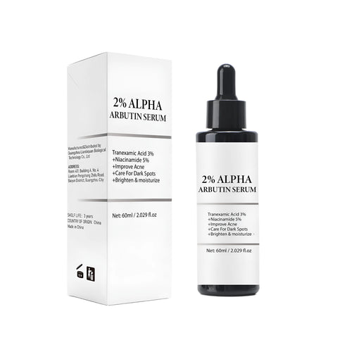 Alpha-Arbutin 60ml facial care solution serum bottle with moisturising and softening properties.