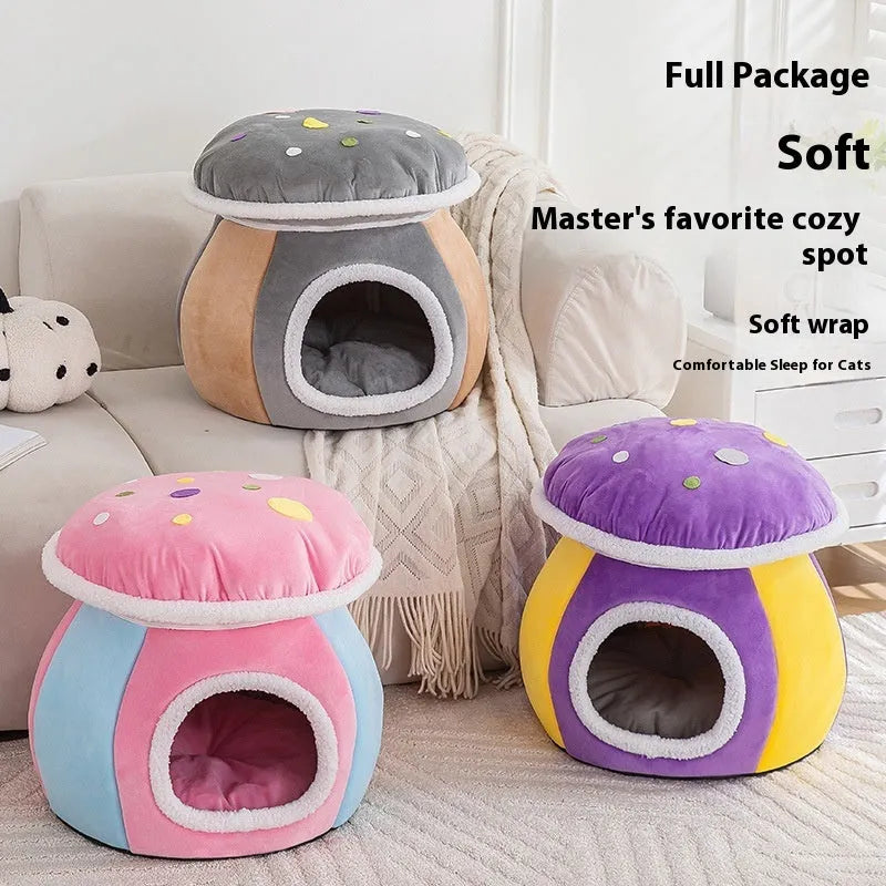 Mushroom-shaped cat bed with detachable plush blanket in grey, pink or purple colour