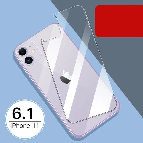 Tempered glass screen and rear protector film for Apple iPhone models on a table.