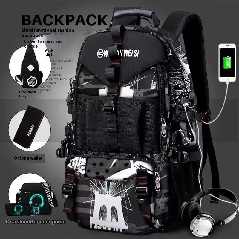 Men's waterproof Oxford cloth hiking backpack showing 56-75L capacity and air pillow belt system in black colour option