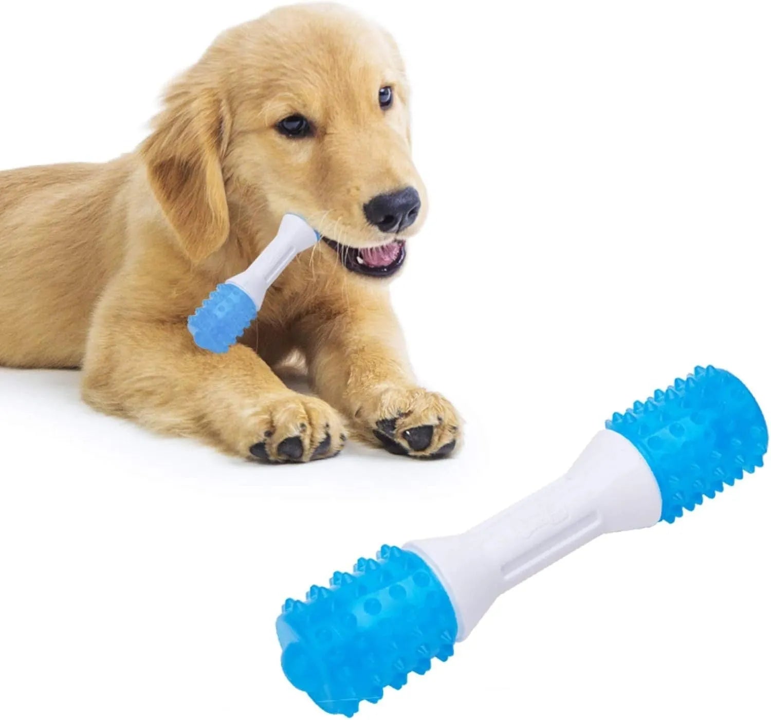 Dual-colour puppy teething chew toy made from TPR rubber and PU materials in three sizes