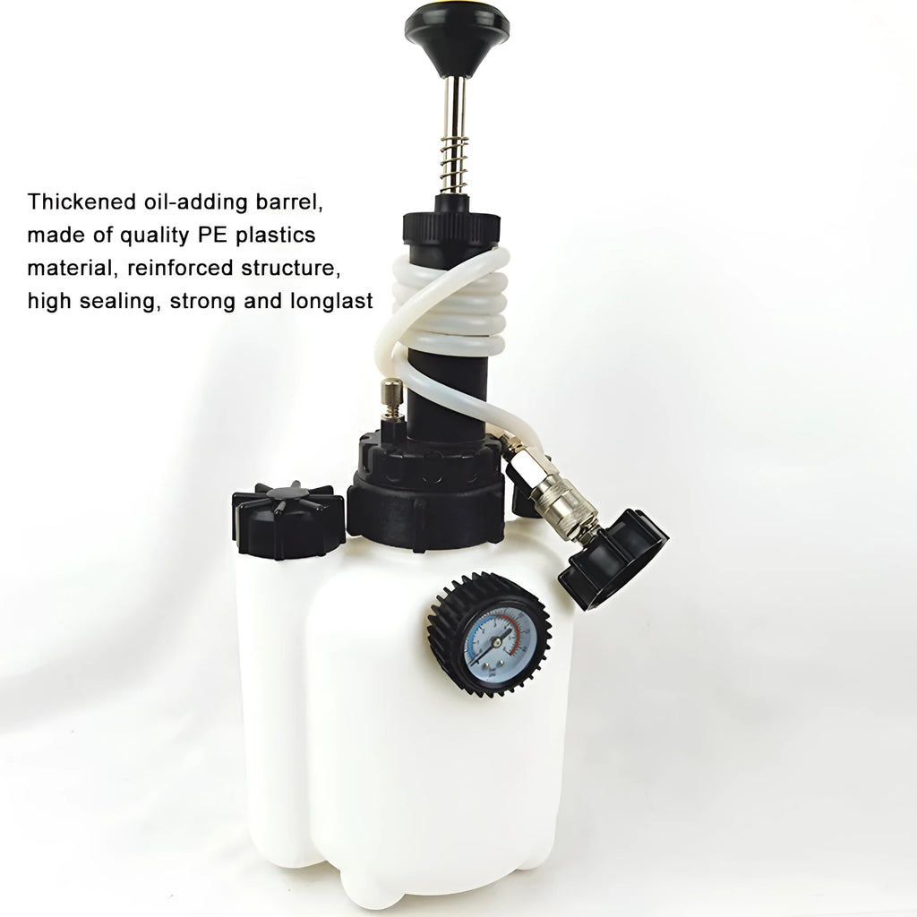 White 3-litre automotive brake fluid replacement tank tool with copper pipe and iron fittings