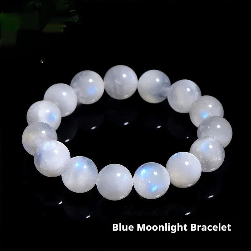 Natural blue moonlight polished moonstone round bead bracelet showing multiple diameter size options
