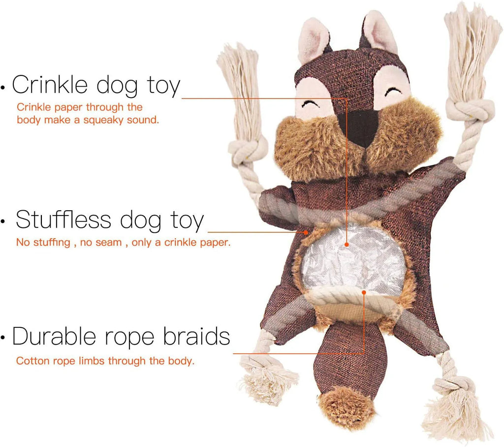 Brown plush fox dog toy with embroidered eyes, cotton rope limbs, and a squeaker.