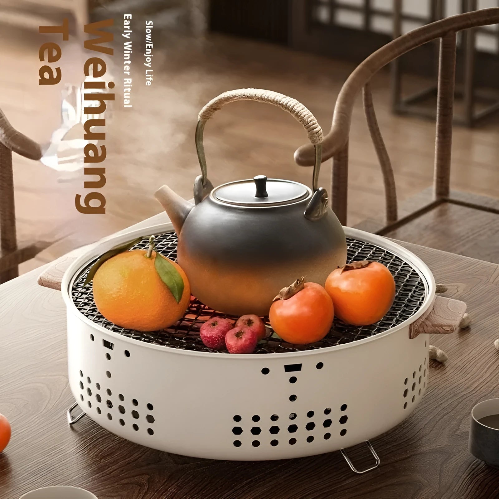 Portable indoor charcoal cooking stove with grill rack for tea boiling and baking