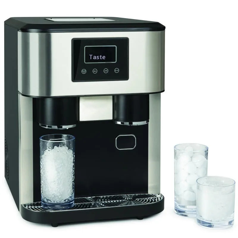 Black desktop ice maker with stainless steel interior showing ice crushing and water dispensing functions
