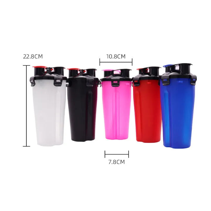 Portable pet water and food cup with two compartments showing water and food storage sections