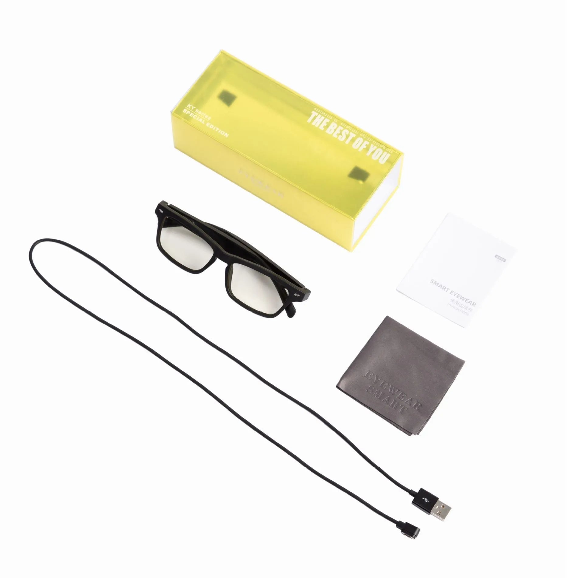 Smart glasses with Bluetooth open-ear audio and touch transparent anti-blue light PC polarised lenses.