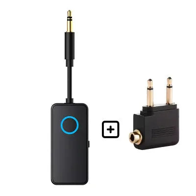 Black Bluetooth 5.4 audio adapter with 3.5mm plug for wireless streaming to car stereos and speakers