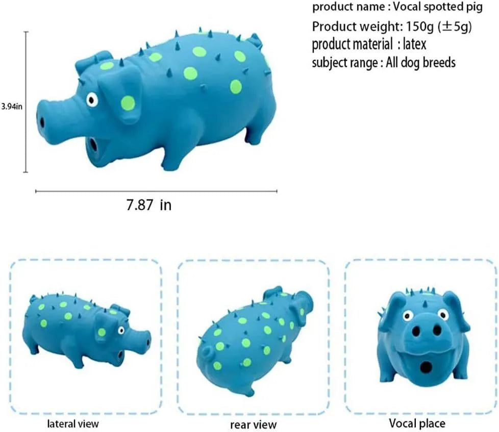 Pig-shaped blue latex dog chew toy with textured surface and squeaker for teeth cleaning