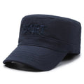 Men's adjustable cotton peaked cap in dome crown style with English letter detailing.