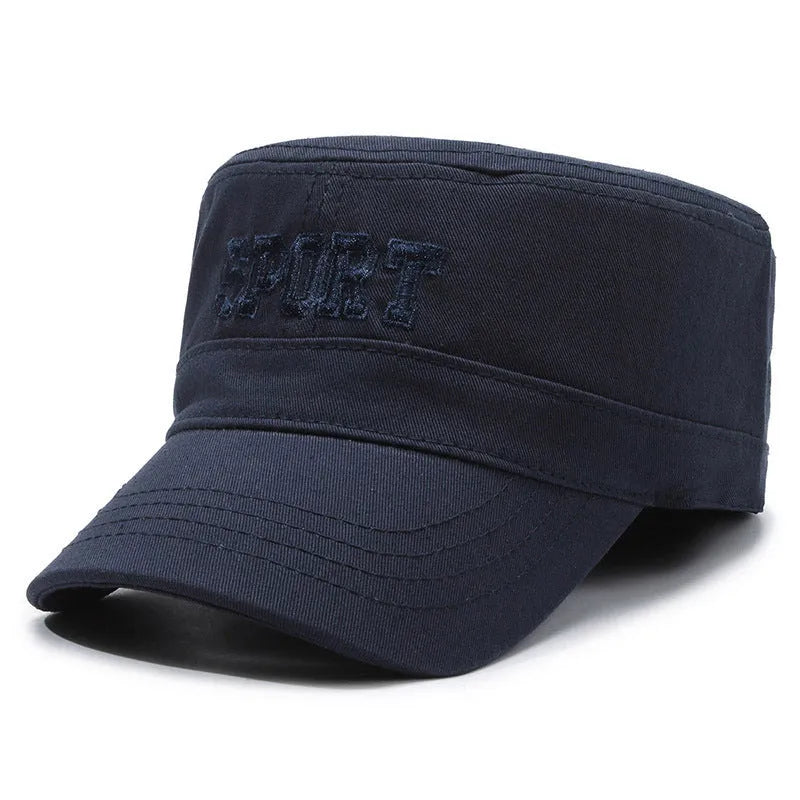 Men's adjustable cotton peaked cap in dome crown style with English letter detailing.