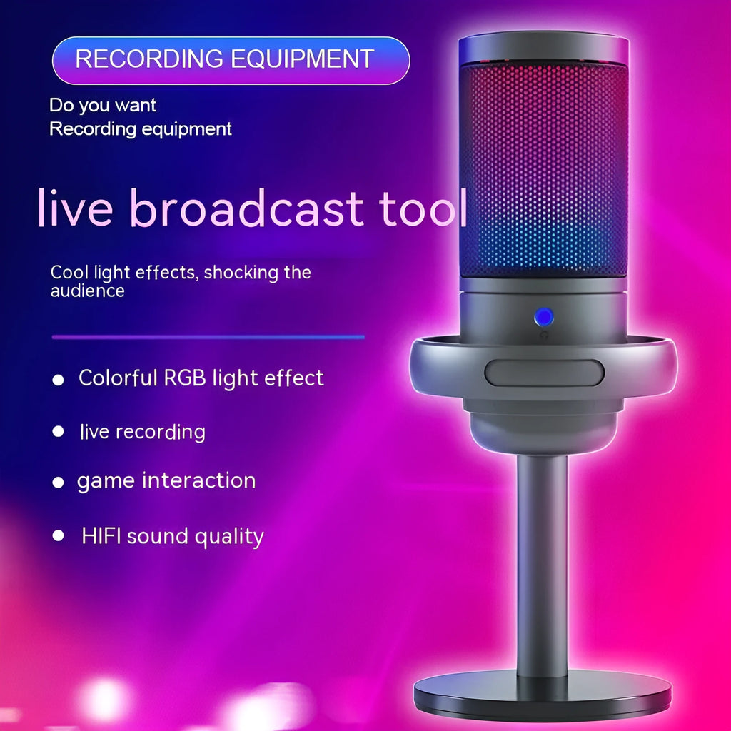 Condenser microphone with RGB lights in black, pink, or white colours for USB computer recording.