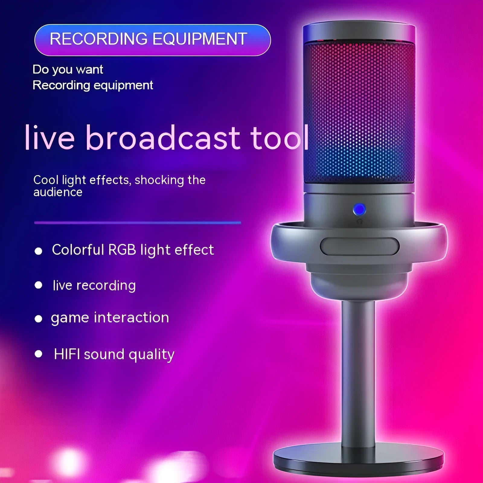 Condenser microphone with RGB lights in black, pink, or white colours for USB computer recording.