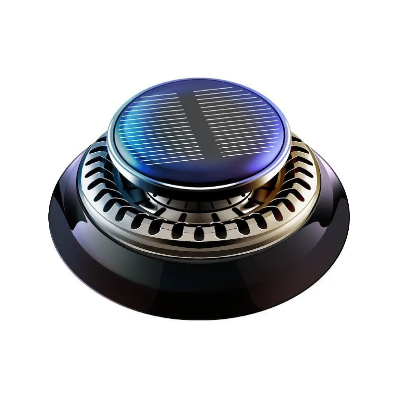 Solar-powered kinetic double-ring car air freshener diffuser in black plastic.