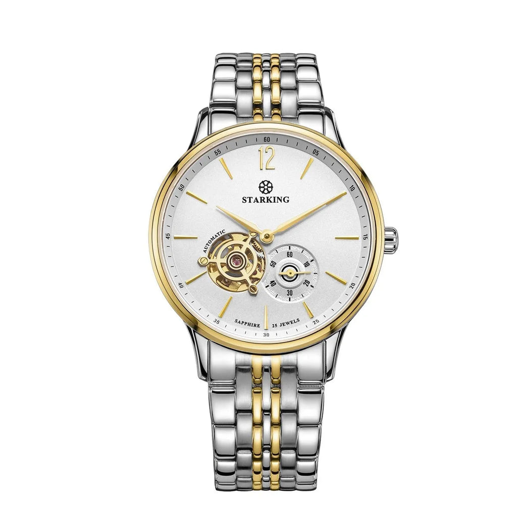 Automatic mechanical men's watch with stainless steel case, sapphire crystal glass, and brown leather strap