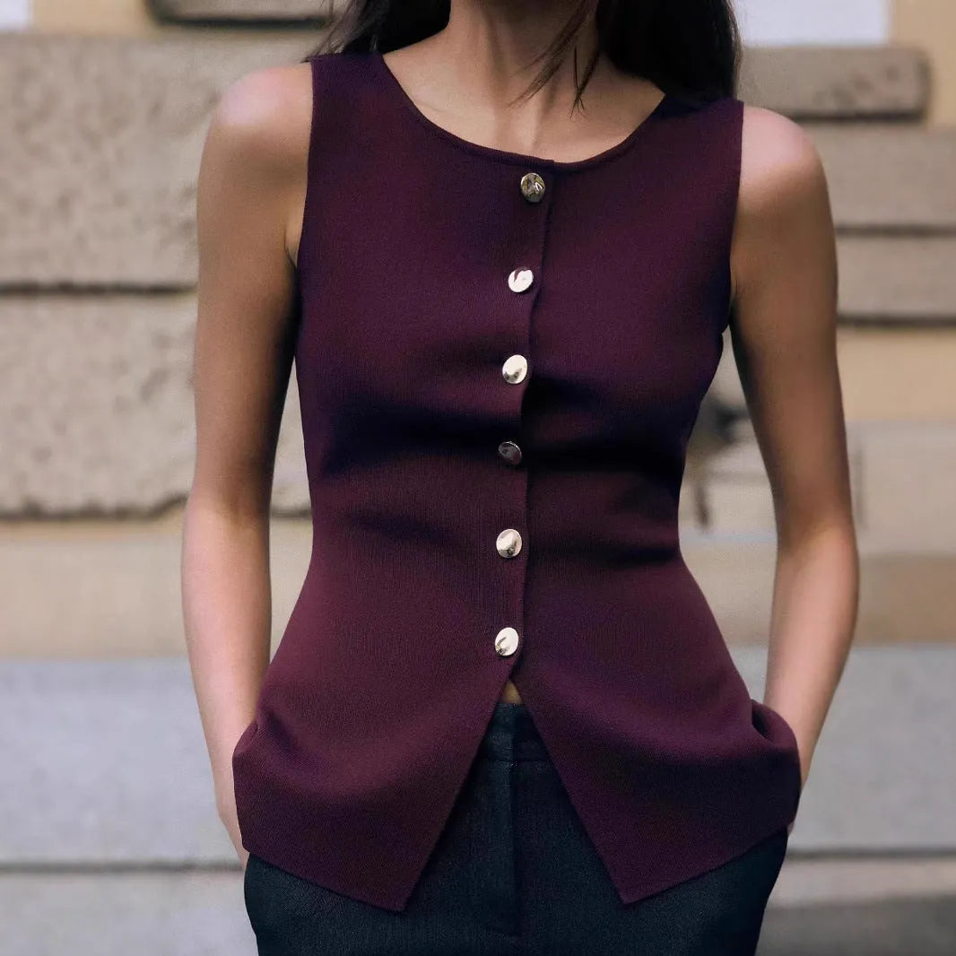 Dark red women's slim-fit viscose sweater vest with a 3D pattern, shown on a hanger.
