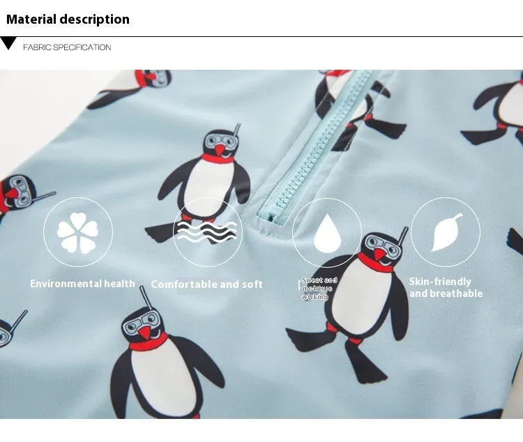 Boy's long sleeve swimsuit with penguin design swimming cap for sun protection