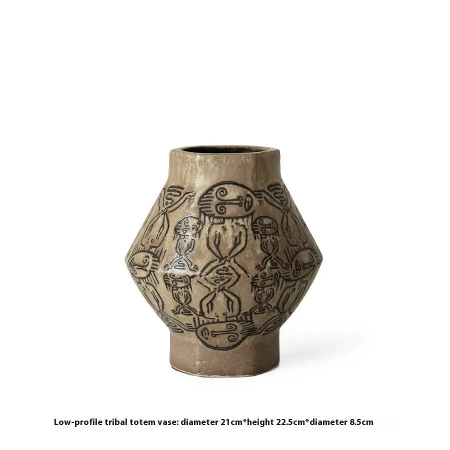 Hand-painted ceramic cylindrical vase with tribal totem floral patterns