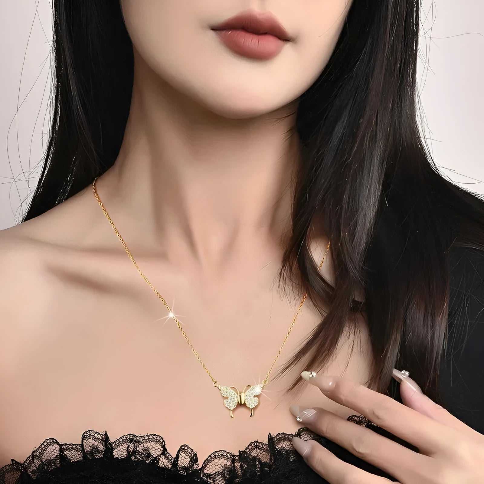 Gold titanium steel clavicle chain necklace with magnetic butterfly charm and twisted chain