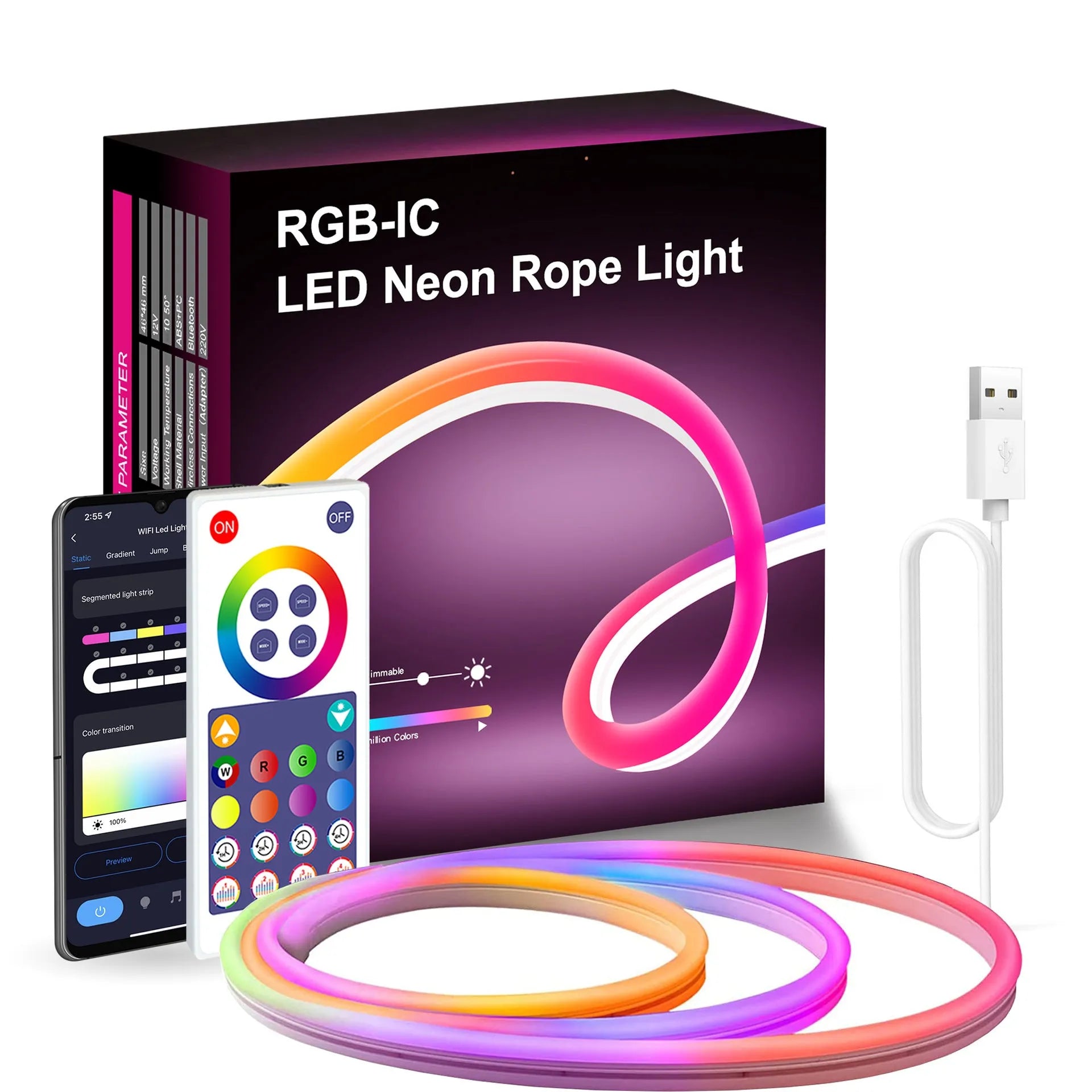 3 metre long RGB neon light strip with remote control showing colour-changing LEDs