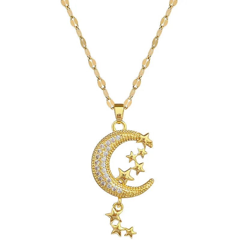 Moon and diamond tassel pendant necklace with geometric copper detail on a stainless steel chain.