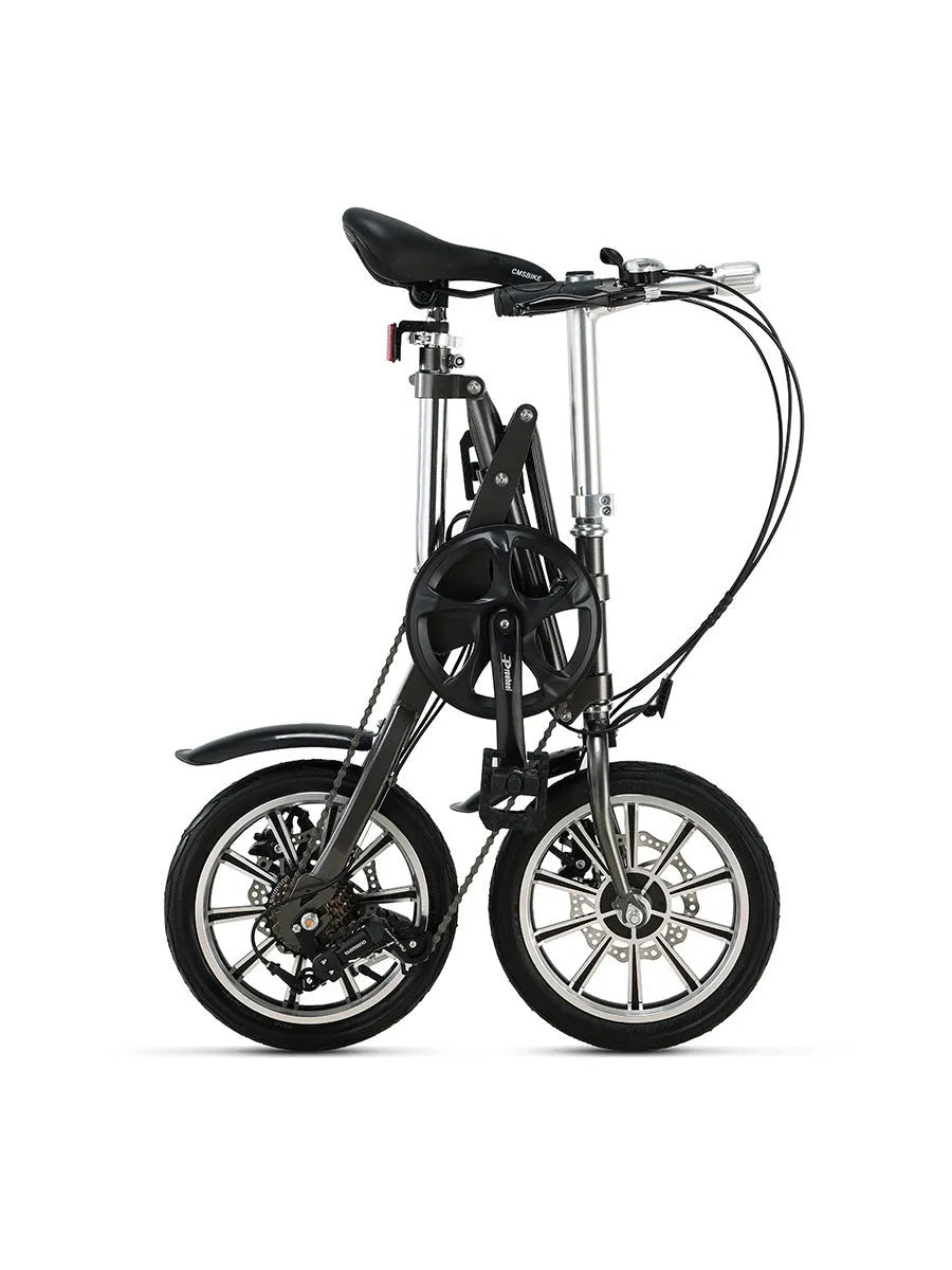 Matte black 14-inch one-second folding bicycle with dual disc brakes and carbon steel frame