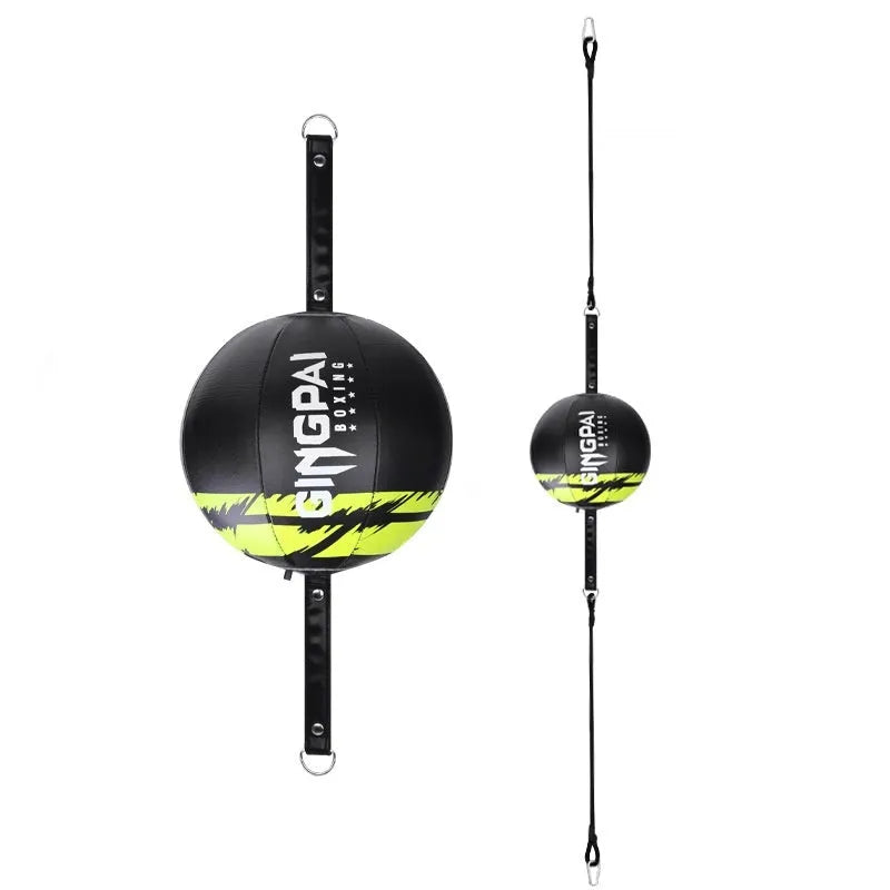 A hanging boxing speed ball made of PU leather for reaction and dodge training drills.