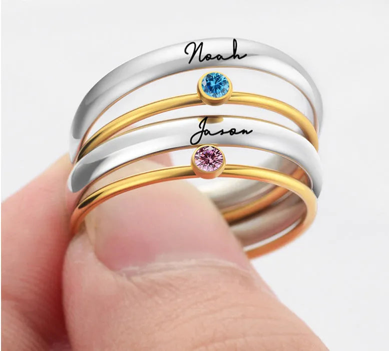 December birthstone titanium steel ring with geometric engraving and electroplated finish