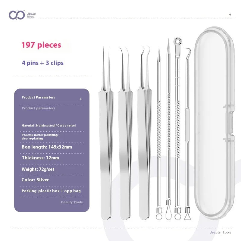 Four metal acne needles with ultra fine pointed tips for blackhead removal and skincare treatment