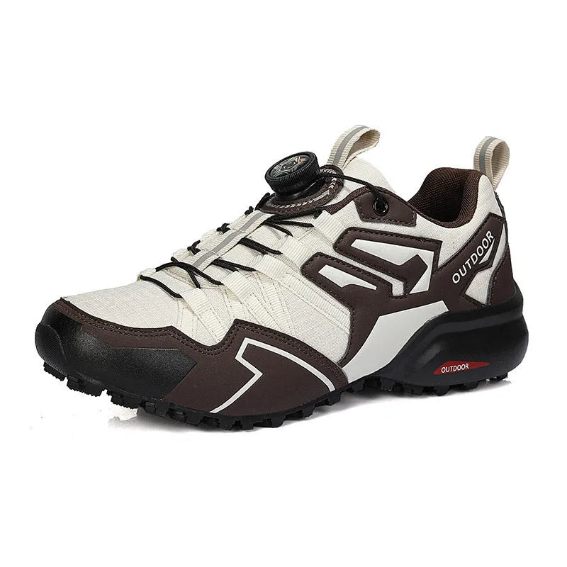 Men's beige off-road hiking shoes with elastic band closure and rubber sole.