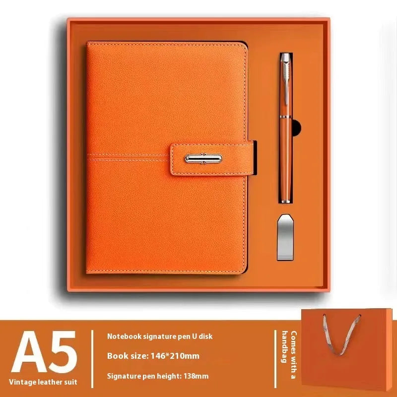 A5 notebook with PU leather cover in various colours including black, red, green, blue, and orange