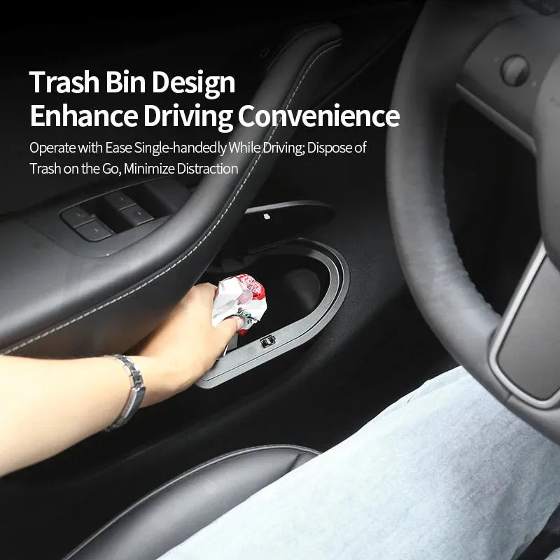 Two black plastic car door storage containers for Tesla Model Y