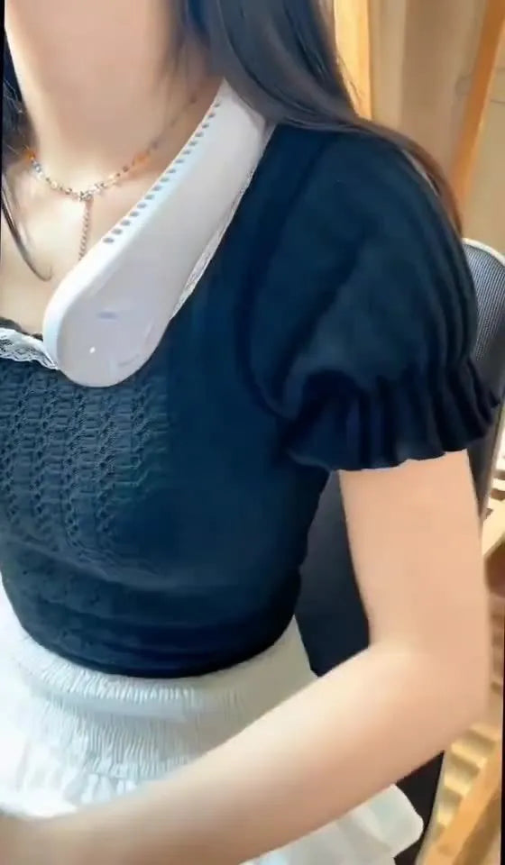 Blue USB rechargeable portable neck fan with bladeless design being worn